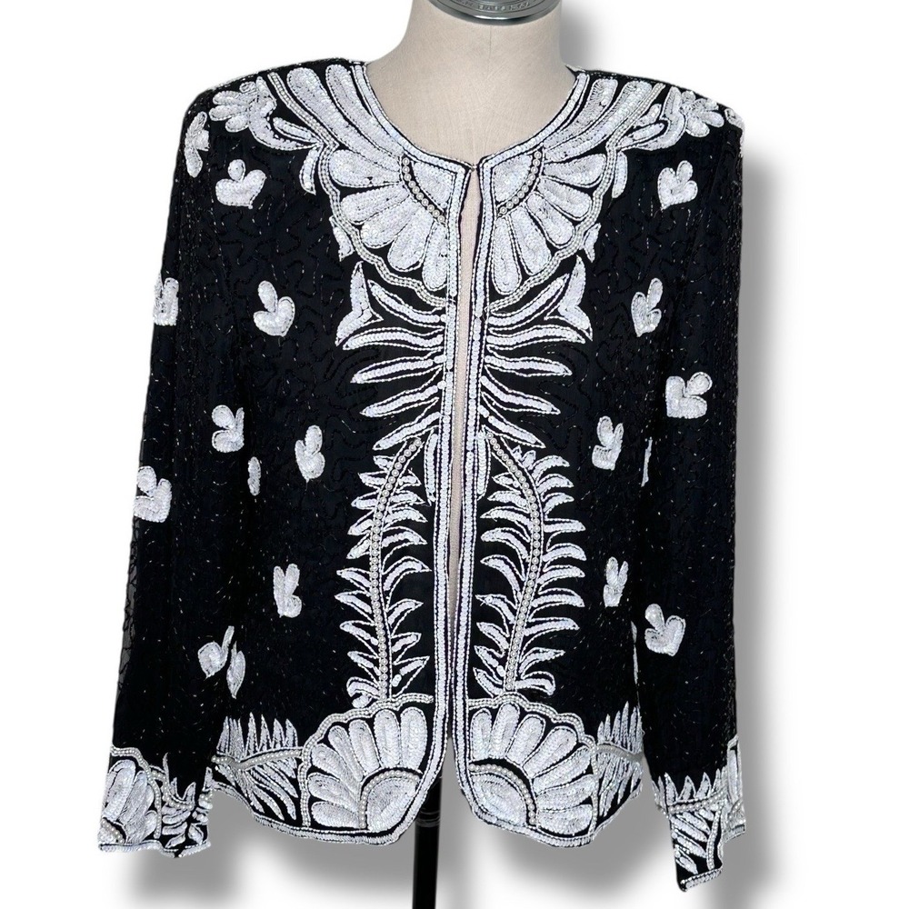 Vintage 80s NITE LINE Women M Black White Sequined Jacket Formal Fairy Old Money